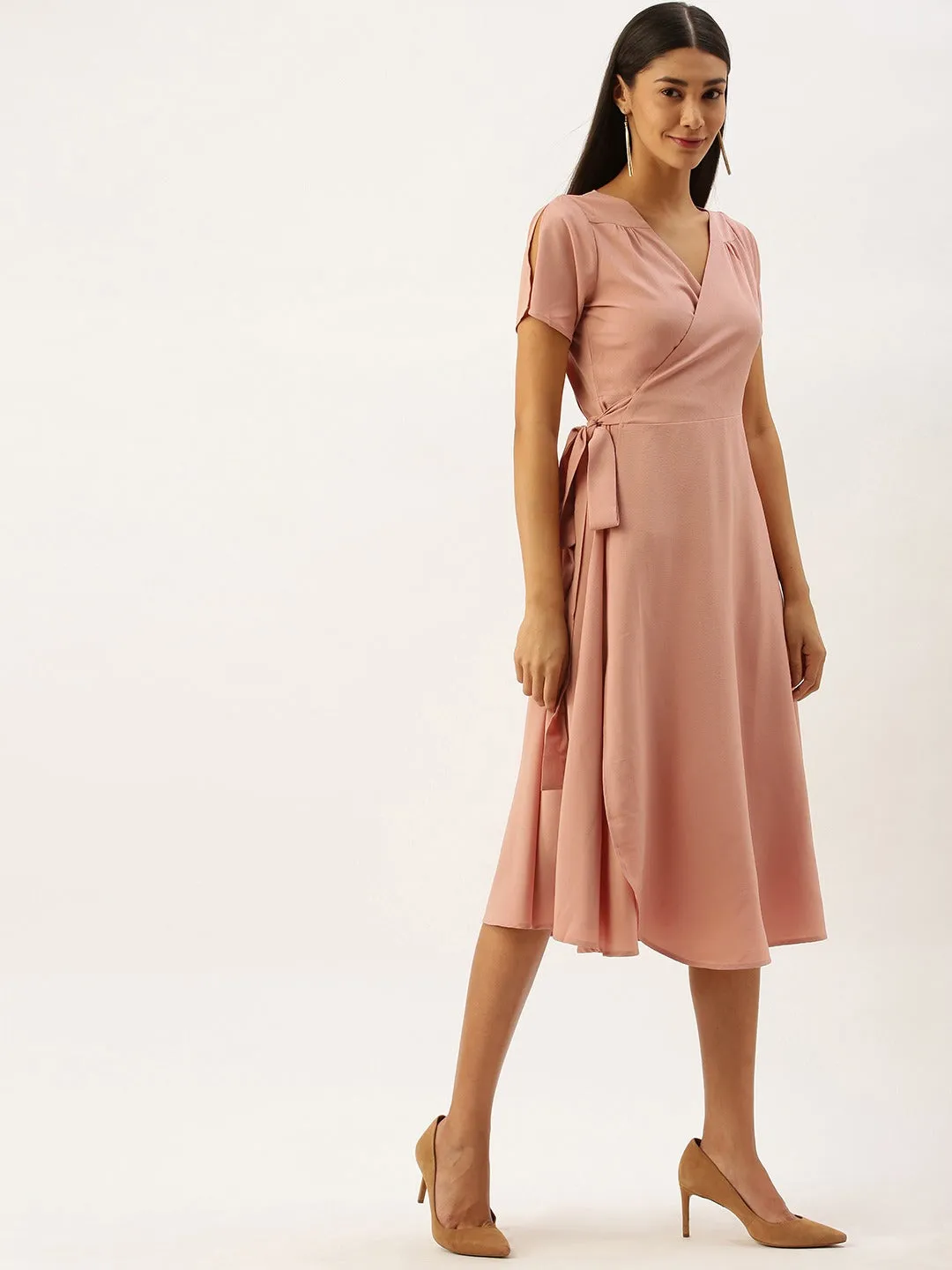 Berrylush Women Solid Pink V-Neck Wrap Midi Dress