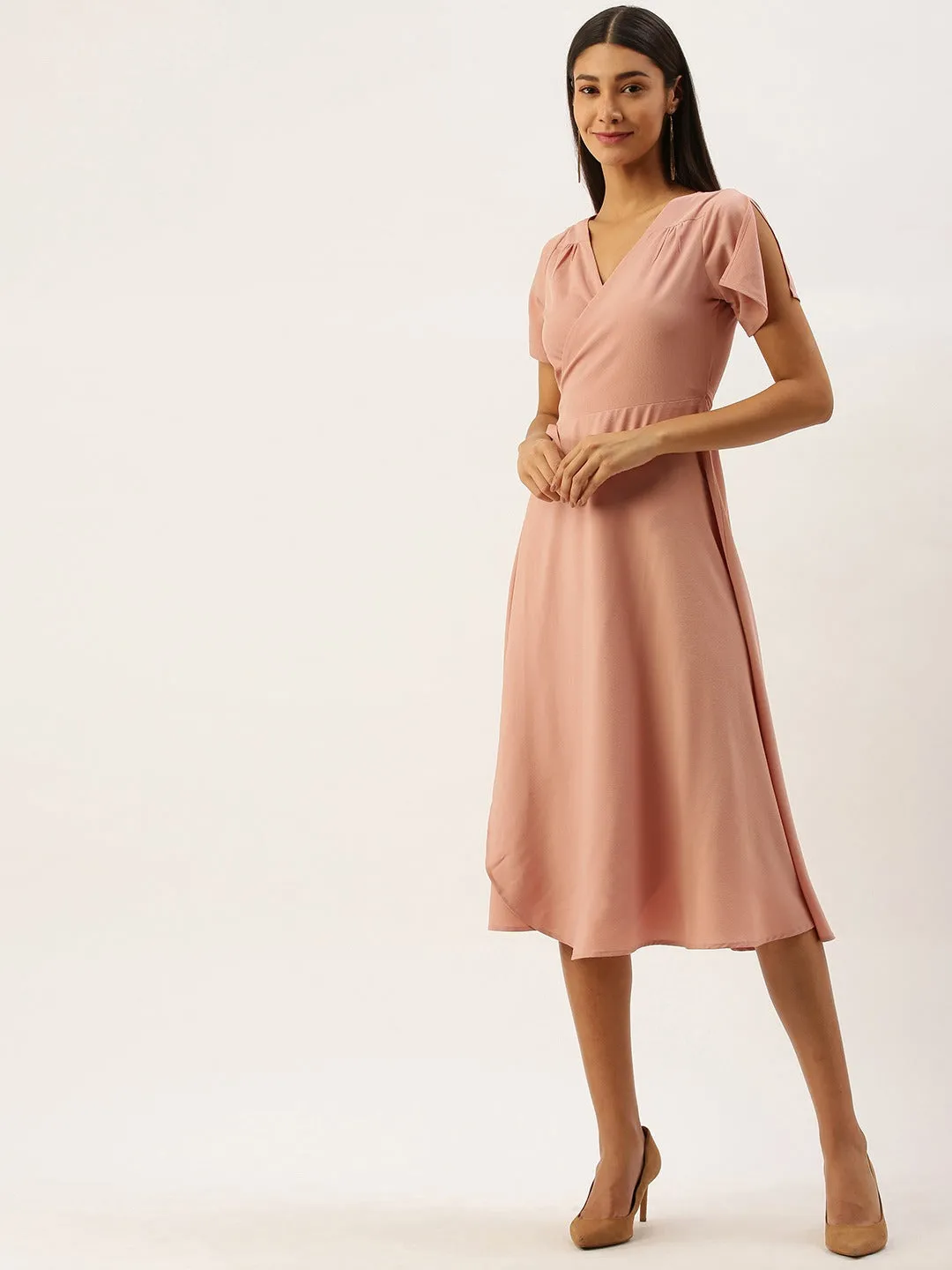 Berrylush Women Solid Pink V-Neck Wrap Midi Dress