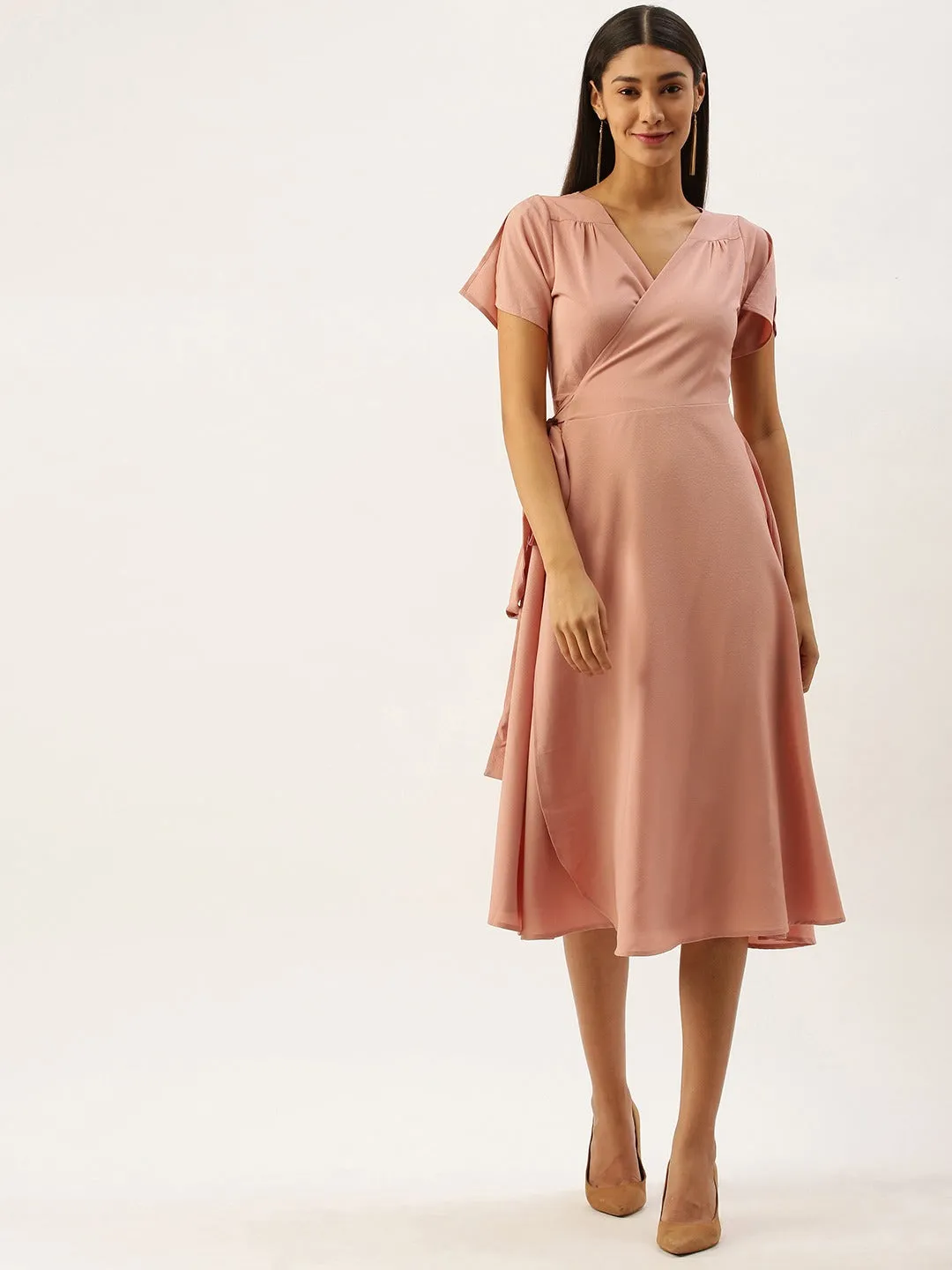 Berrylush Women Solid Pink V-Neck Wrap Midi Dress