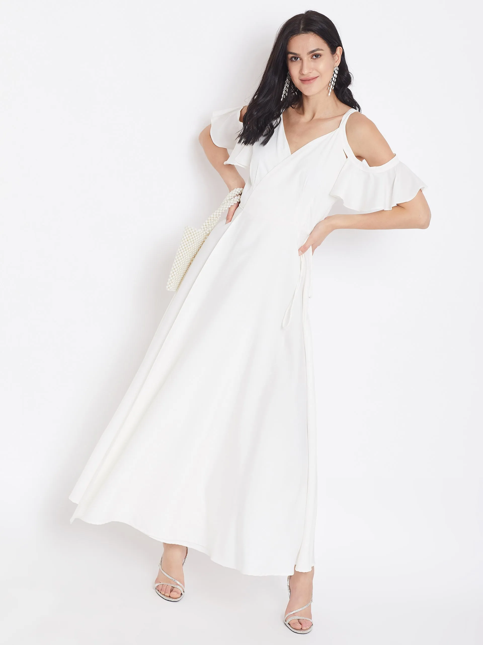 Berrylush Women Solid White V-Neck Cold-Shoulder Sleeve Tie-Up Crepe Flared Wrap Maxi Dress