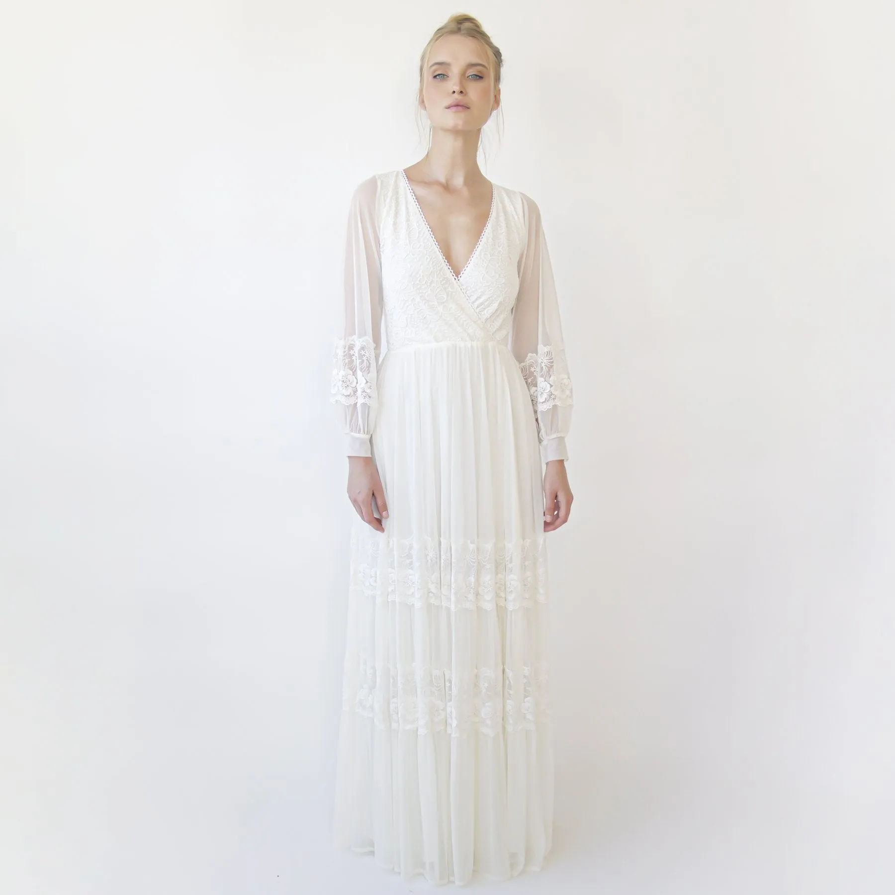 Bestseller Ivory Wrap Lace Wedding Dress With Chiffon Mesh Sleeves