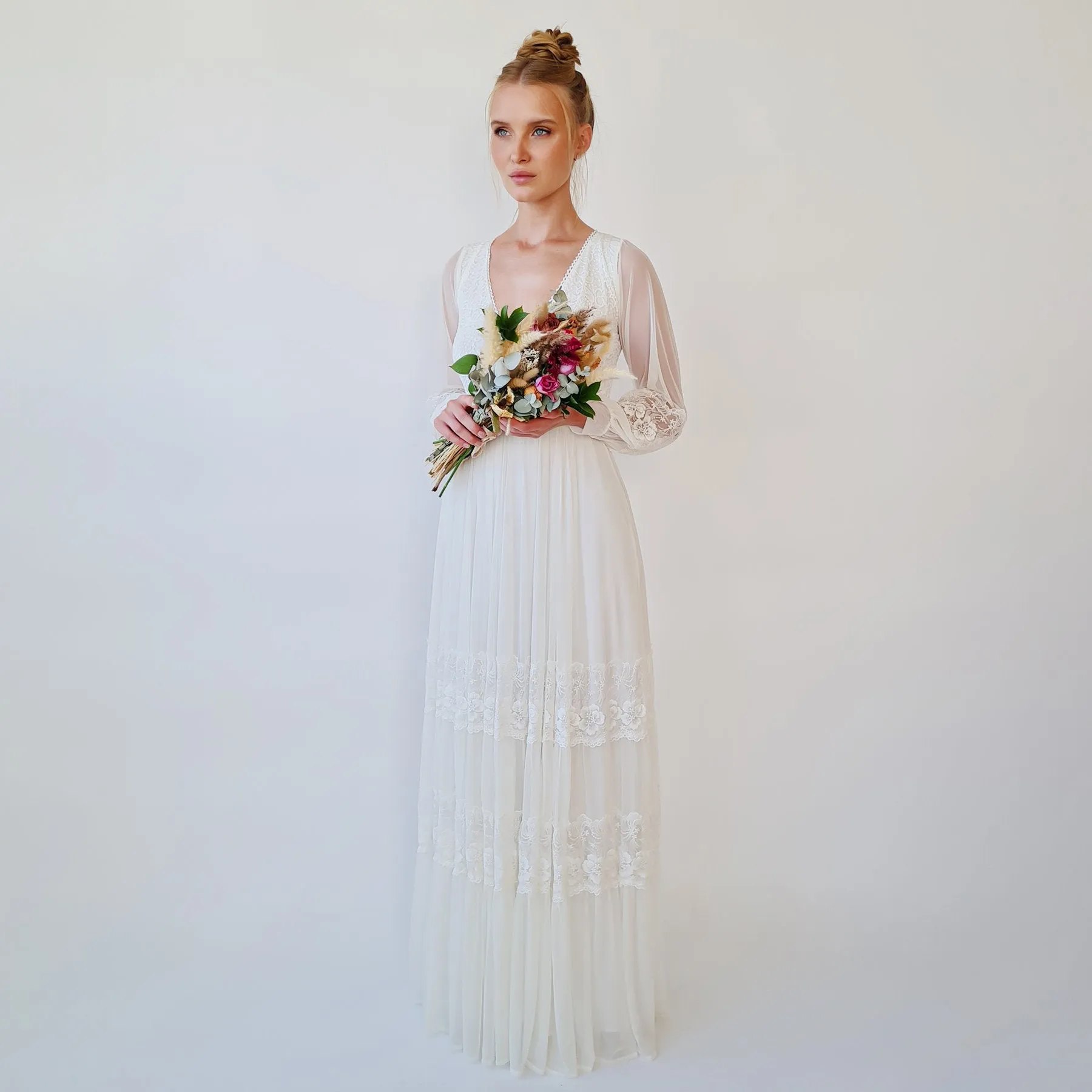 Bestseller Ivory Wrap Lace Wedding Dress With Chiffon Mesh Sleeves