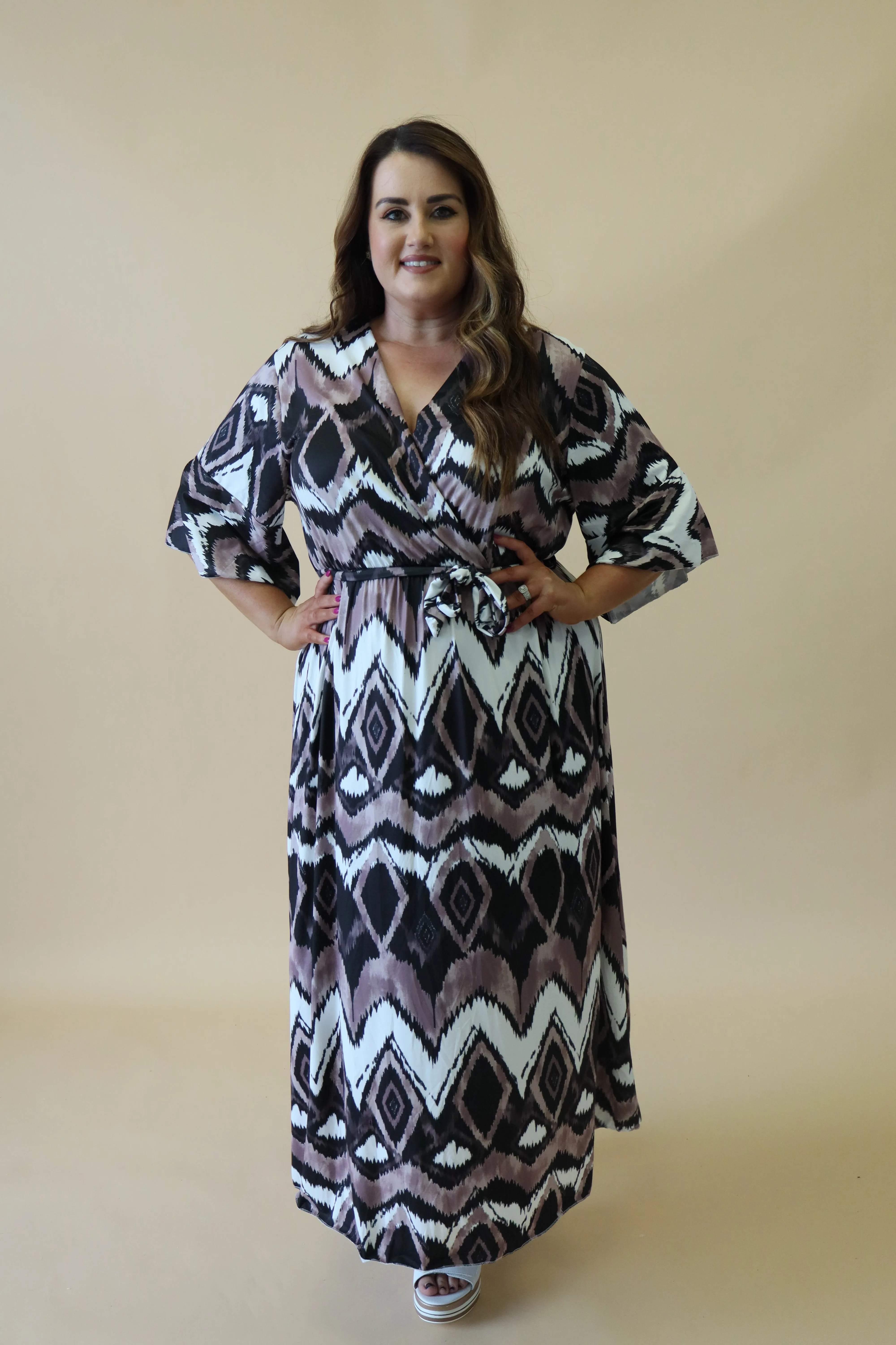 Beth Faux Wrap Dress in Brown Print