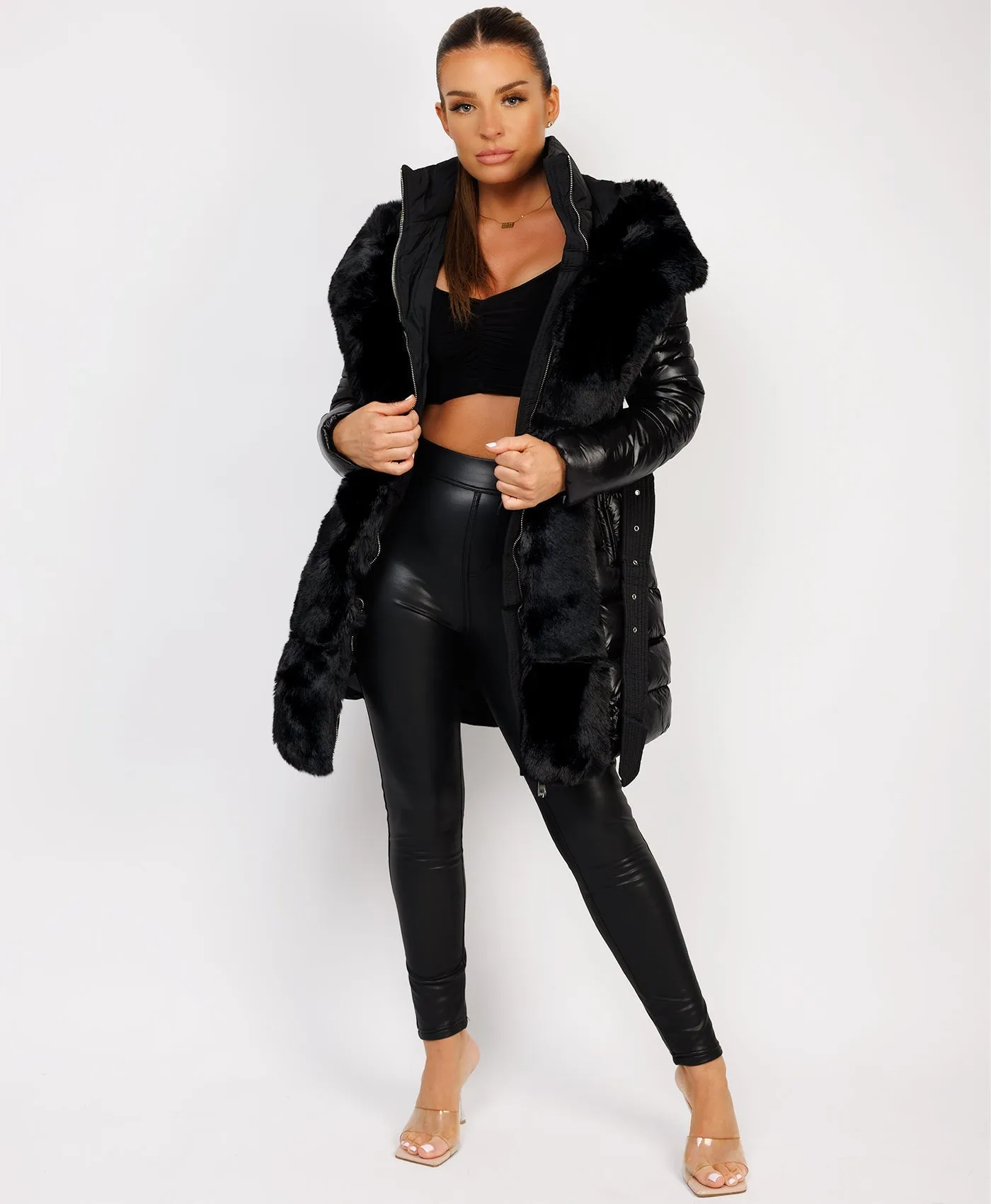 Black Luxe Faux Fur Trim Collar Hooded Parka Coat