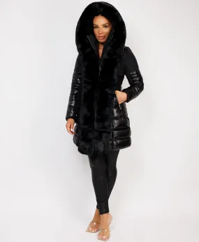 Black Luxe Faux Fur Trim Collar Hooded Parka Coat