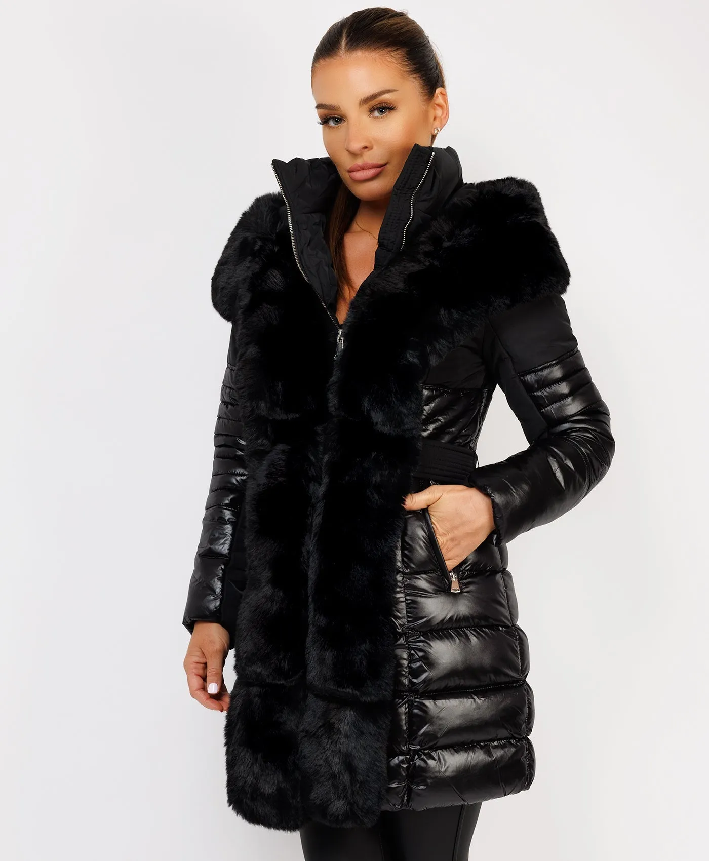 Black Luxe Faux Fur Trim Collar Hooded Parka Coat