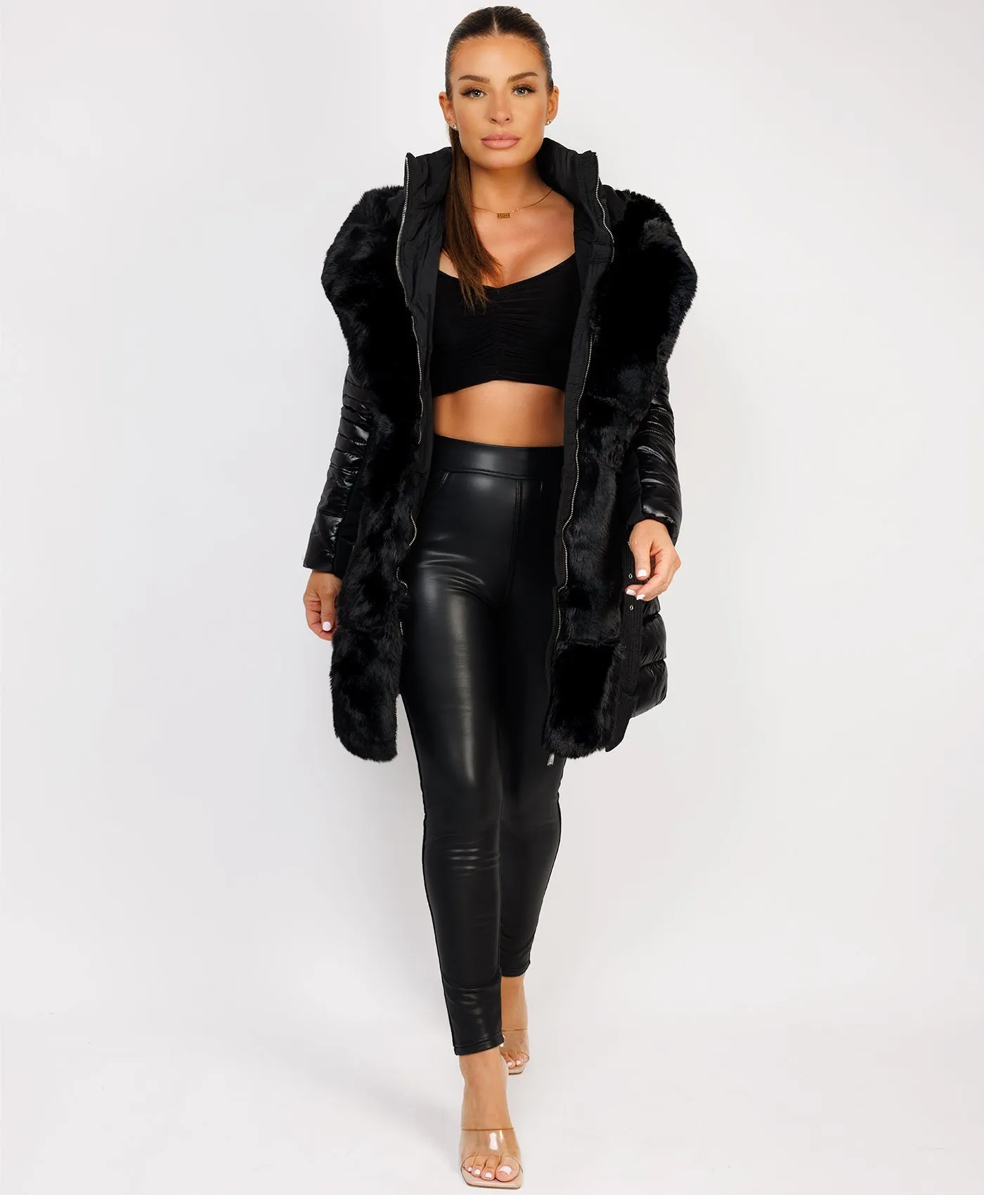 Black Luxe Faux Fur Trim Collar Hooded Parka Coat