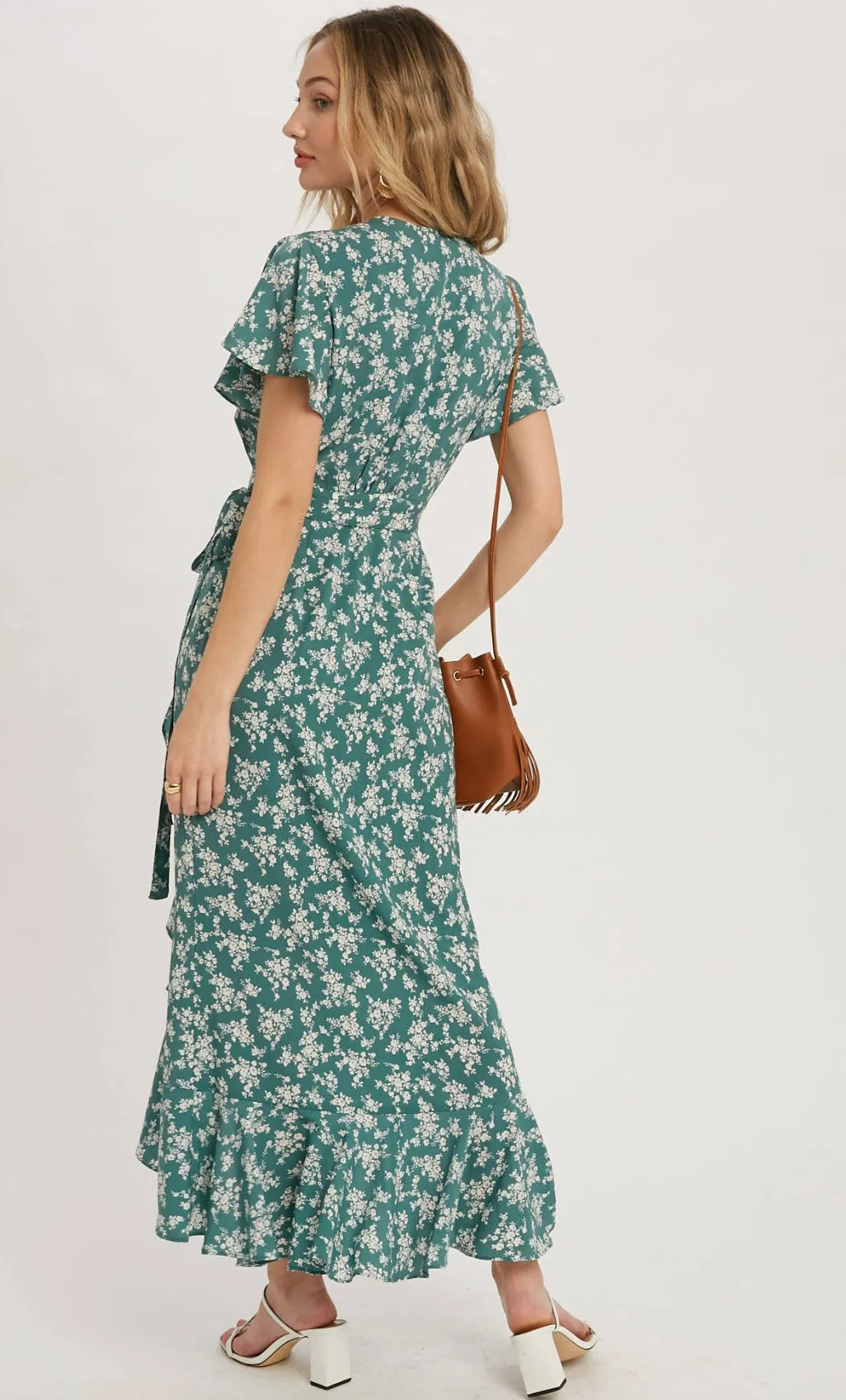 Bluivy Seafoam Ditsy Floral Ruffle Hem Wrap Dress