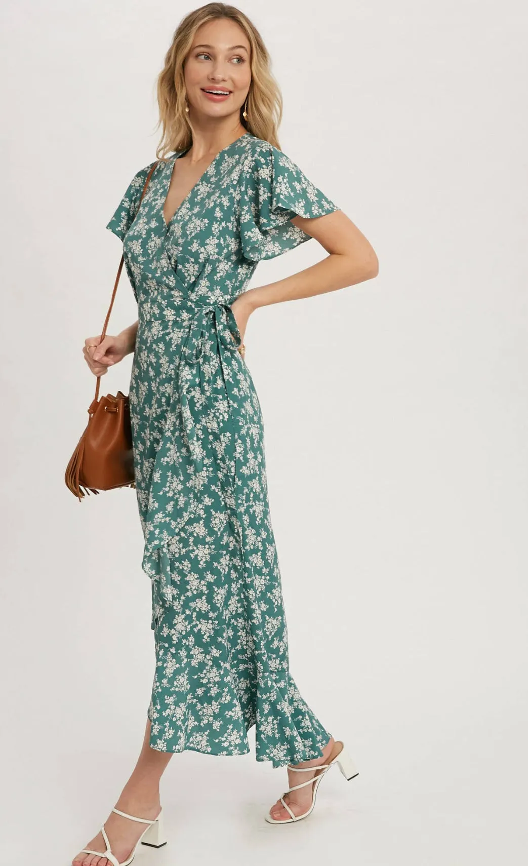 Bluivy Seafoam Ditsy Floral Ruffle Hem Wrap Dress