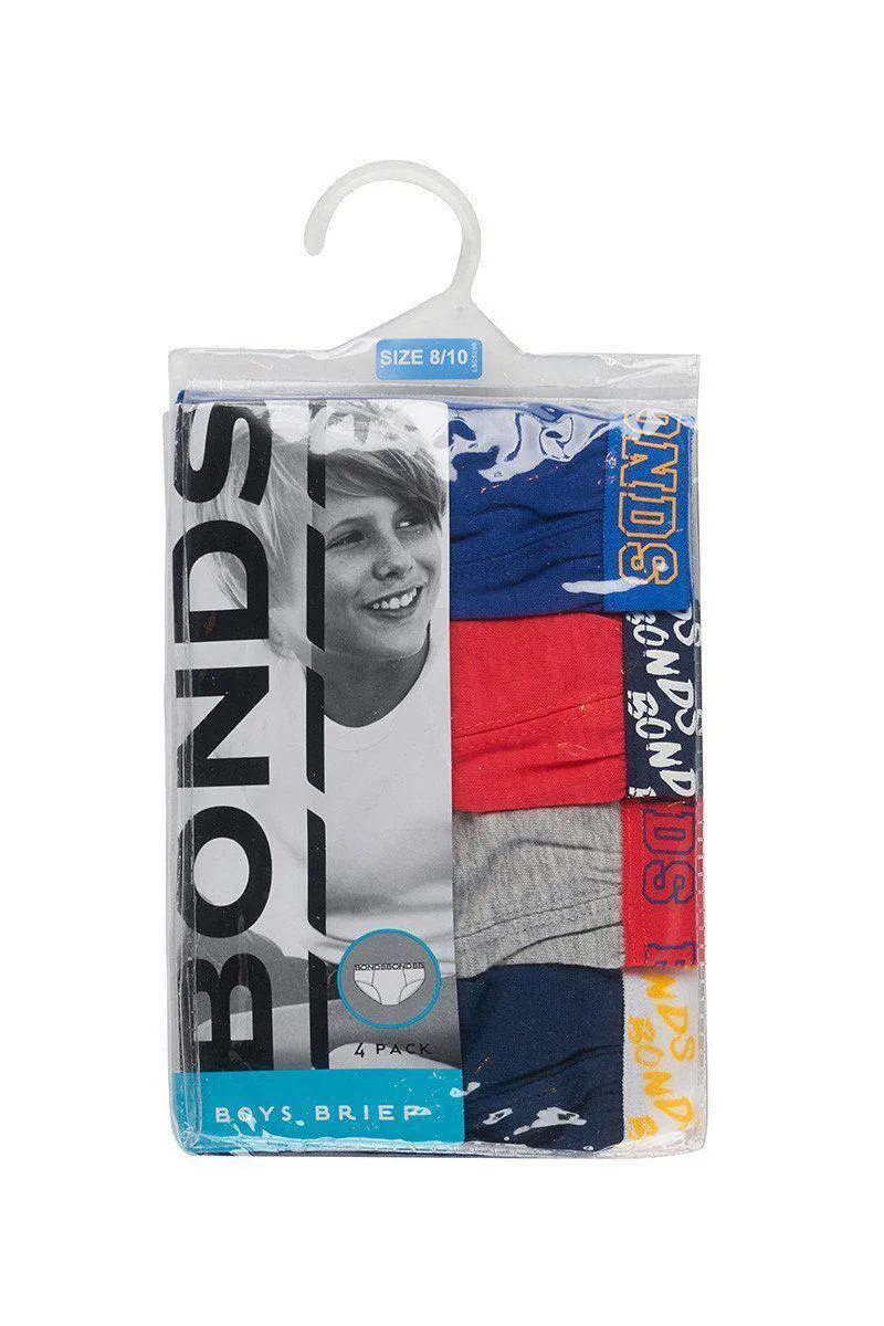 Bonds Boys Fun Pack Brief 4 Pack - Red/Blue/Grey/Navy