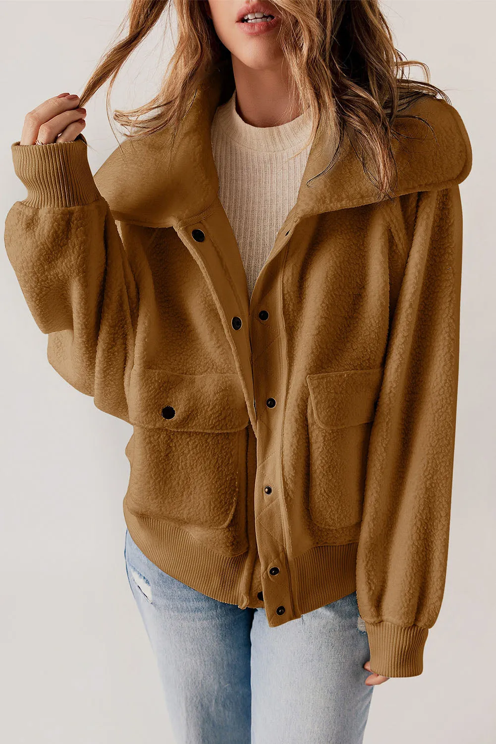 Brown Button Flap Pockets Collared Fleece Jacket