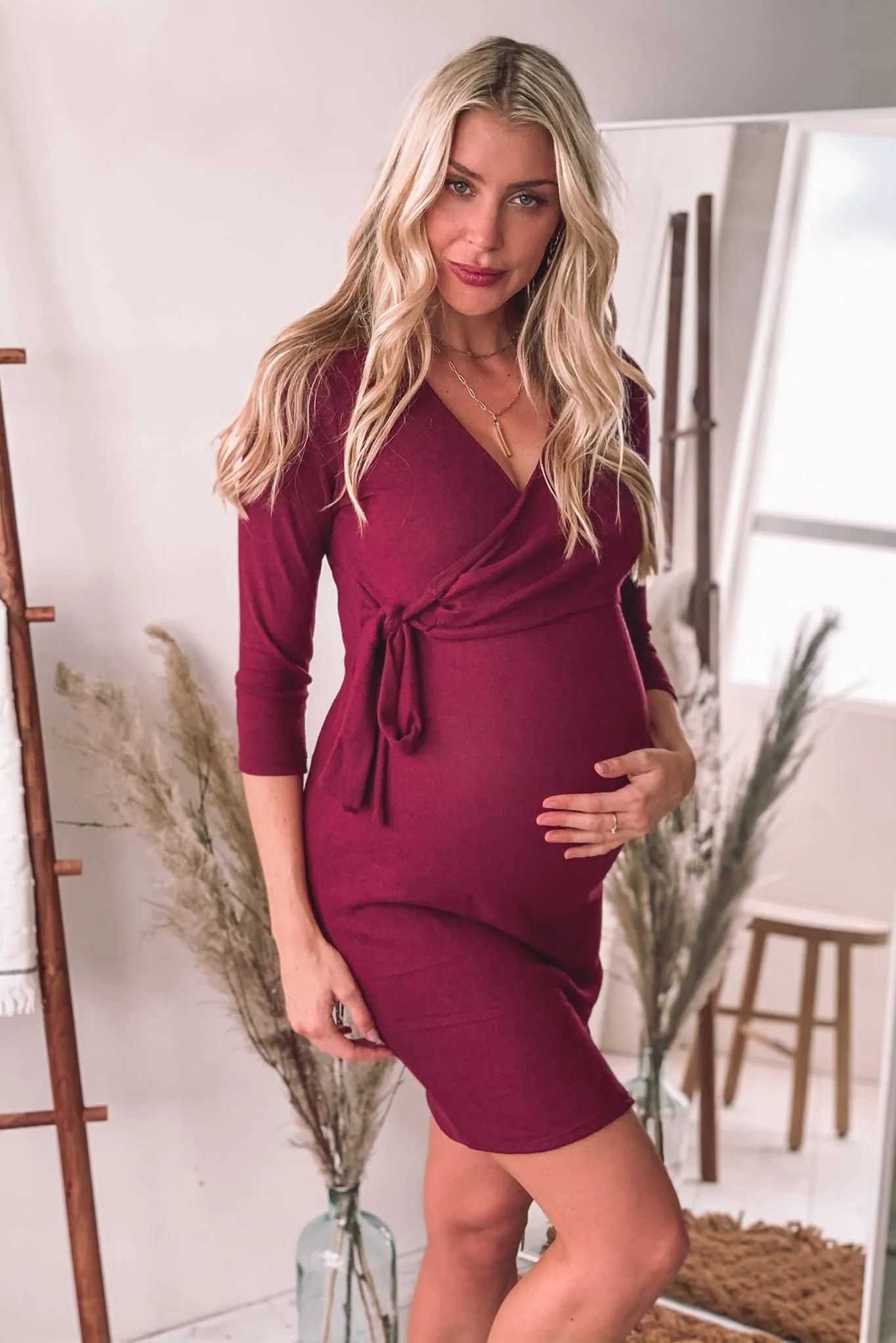 Burgundy Nursing Wrap Short Dress