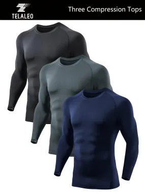 Buy 2 Get 1 Free, total of 3 Packs of Men's Premium Compression Long Sleeve Workout T-Shirts - Moisture-Wicking, Quick-Drying, Breathable, Comfortable, Anti-Odor, Four-Way Stretch - Ideal for Running, Fitness, Ball Games, Gym, Outdoor Activities