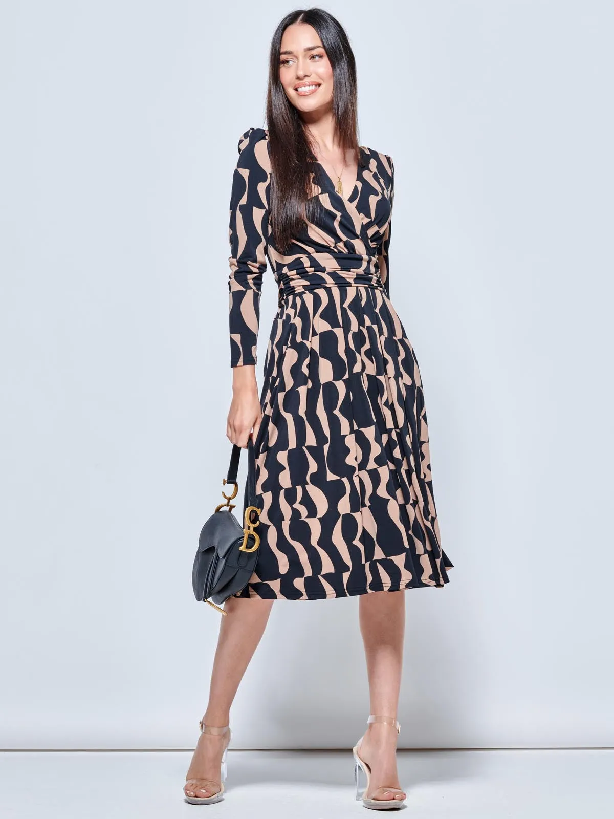 Calla Long Sleeve Jersey Wrap Dress, Brown Pattern