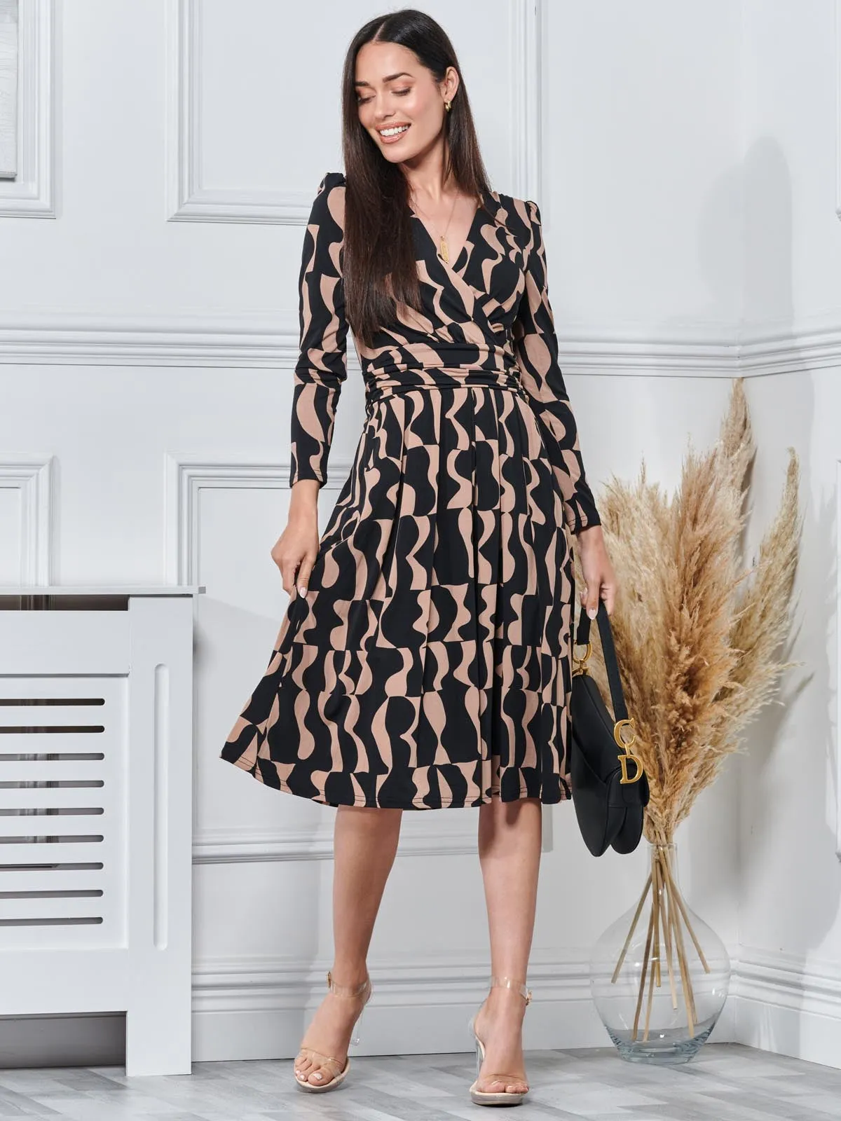 Calla Long Sleeve Jersey Wrap Dress, Brown Pattern