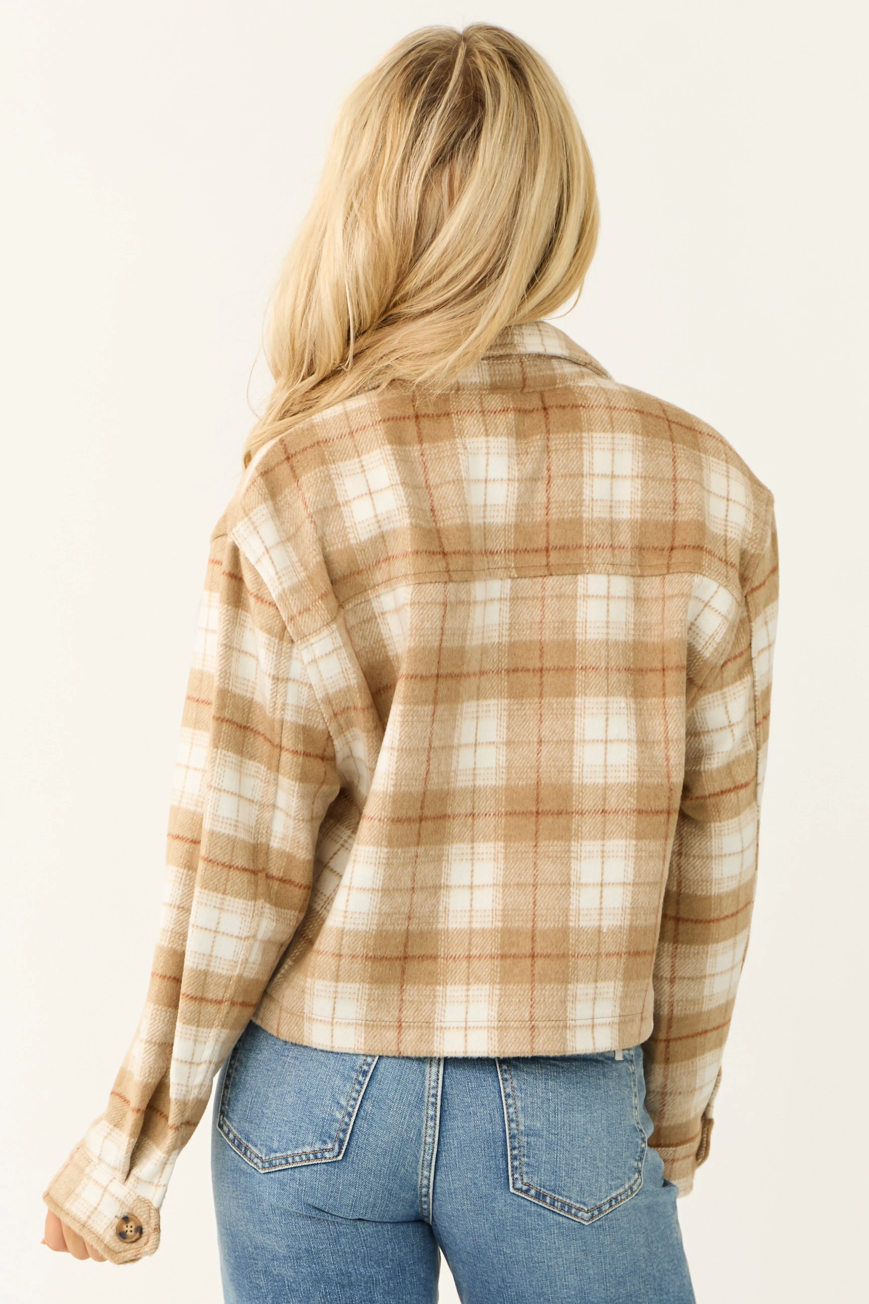 Camel Plaid Soft Fleece Cropped Shirt Jacket