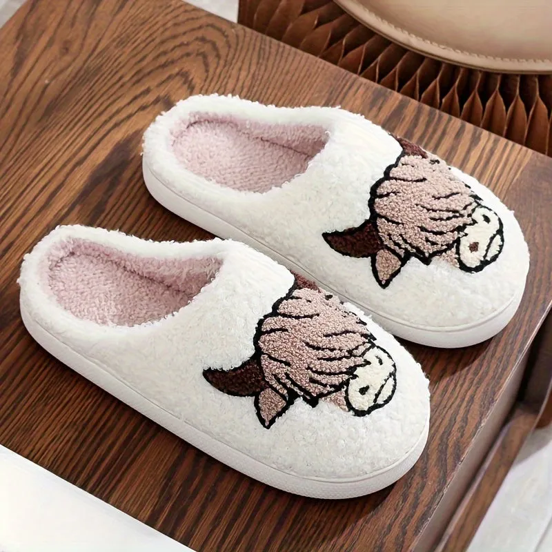 Cartoon Cow Head Graphic Men's Soft Plush Cozy House Slippers, Lightweight Breathable Anti-skid Slip-on Shoes With Fuzzy Lining For Indoor Walking, Autumn And Winter