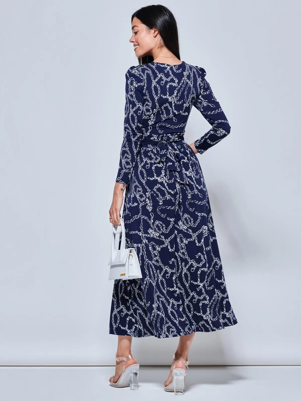 Chain Print Long Sleeve Maxi Dress, Navy