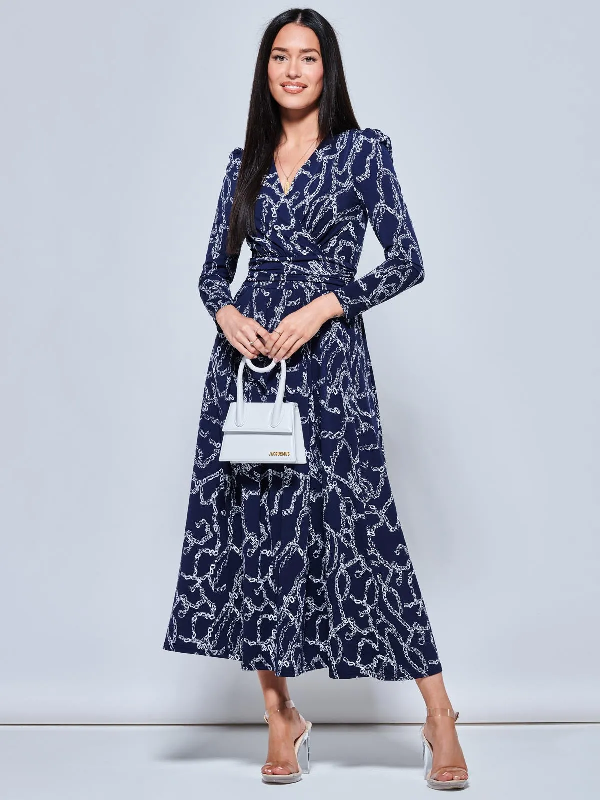 Chain Print Long Sleeve Maxi Dress, Navy