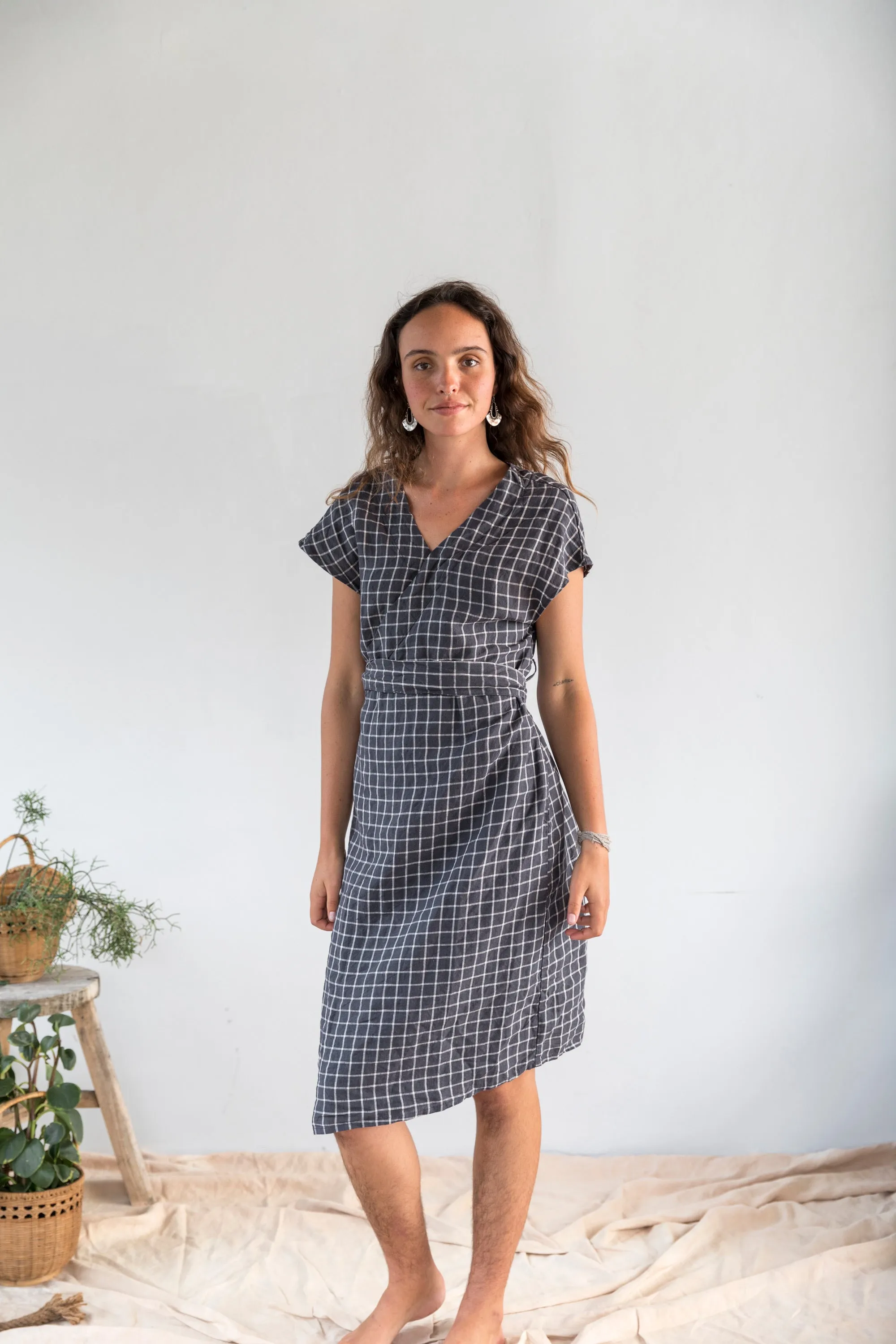 CLEARANCE: Ariel Dress - French Linen Navy Check Wrap Dress