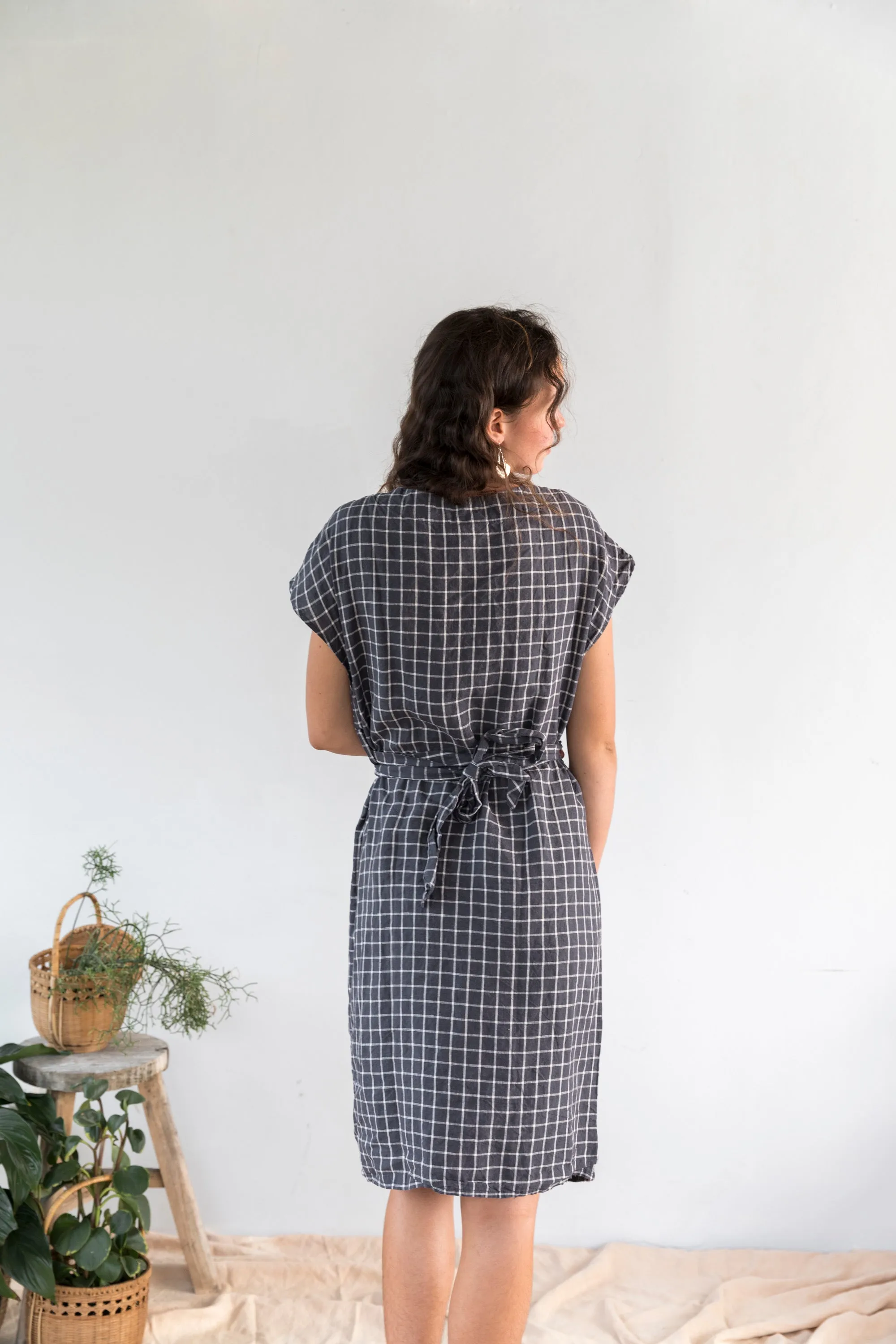 CLEARANCE: Ariel Dress - French Linen Navy Check Wrap Dress