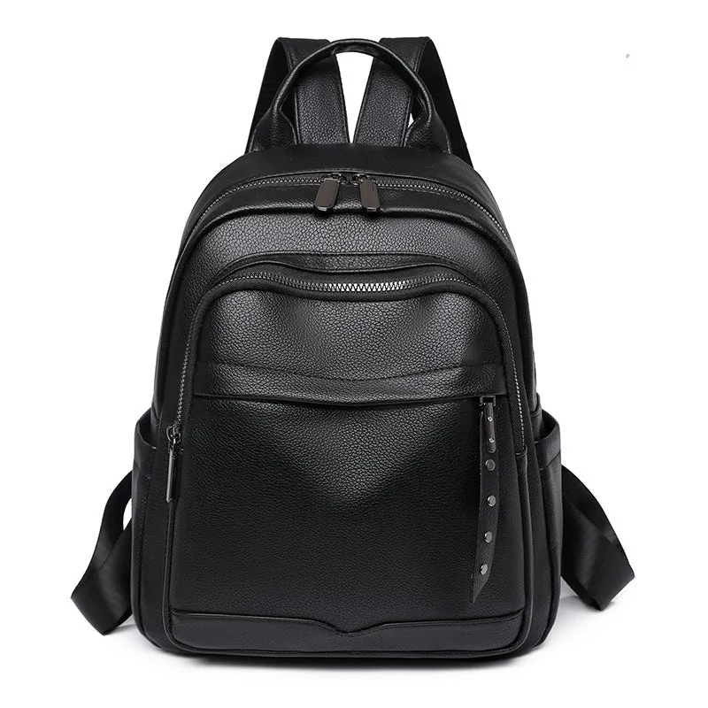 Cross-Border Soft Leather Women's Pu Backpack Pure Color All-Matching Waterproof Backpack High-Grade Soft Leather Women's Bag Wholesale