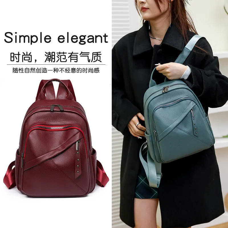 Cross-Border Soft Leather Women's Pu Backpack Pure Color All-Matching Waterproof Backpack High-Grade Soft Leather Women's Bag Wholesale