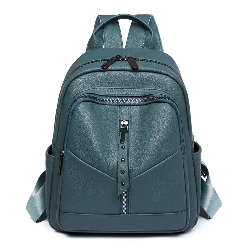 Cross-Border Soft Leather Women's Pu Backpack Pure Color All-Matching Waterproof Backpack High-Grade Soft Leather Women's Bag Wholesale