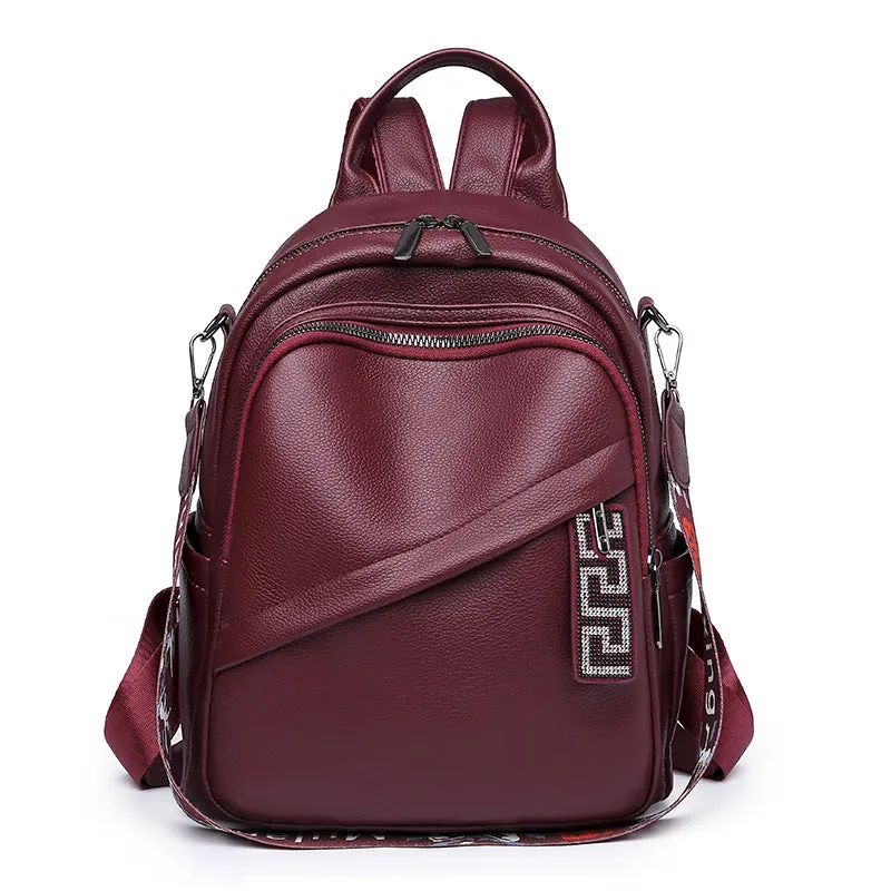 Cross-Border Soft Leather Women's Pu Backpack Pure Color All-Matching Waterproof Backpack High-Grade Soft Leather Women's Bag Wholesale