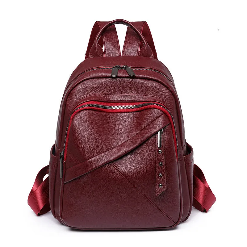 Cross-Border Soft Leather Women's Pu Backpack Pure Color All-Matching Waterproof Backpack High-Grade Soft Leather Women's Bag Wholesale