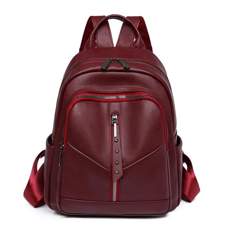 Cross-Border Soft Leather Women's Pu Backpack Pure Color All-Matching Waterproof Backpack High-Grade Soft Leather Women's Bag Wholesale