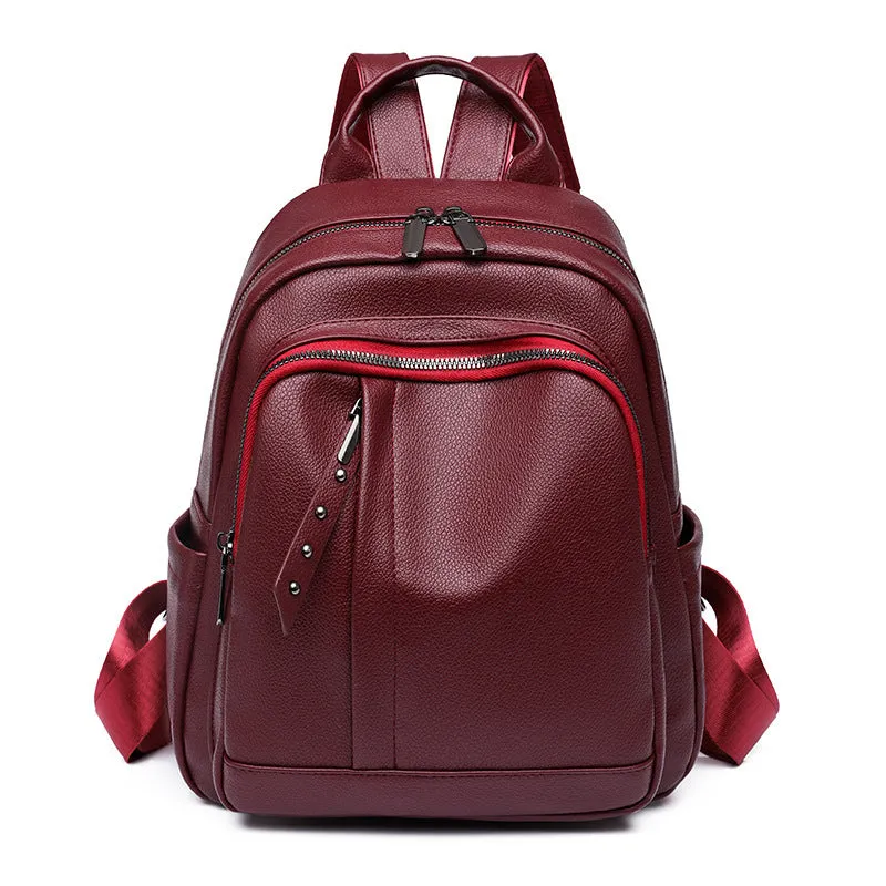 Cross-Border Soft Leather Women's Pu Backpack Pure Color All-Matching Waterproof Backpack High-Grade Soft Leather Women's Bag Wholesale