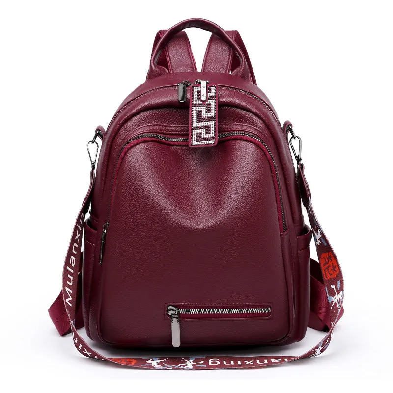 Cross-Border Soft Leather Women's Pu Backpack Pure Color All-Matching Waterproof Backpack High-Grade Soft Leather Women's Bag Wholesale