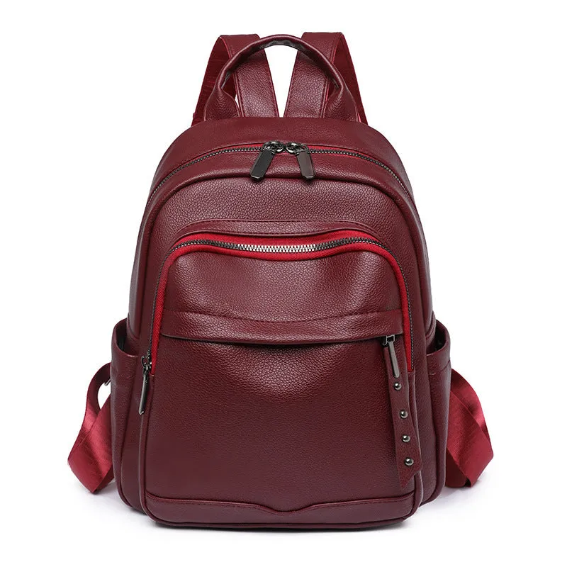 Cross-Border Soft Leather Women's Pu Backpack Pure Color All-Matching Waterproof Backpack High-Grade Soft Leather Women's Bag Wholesale