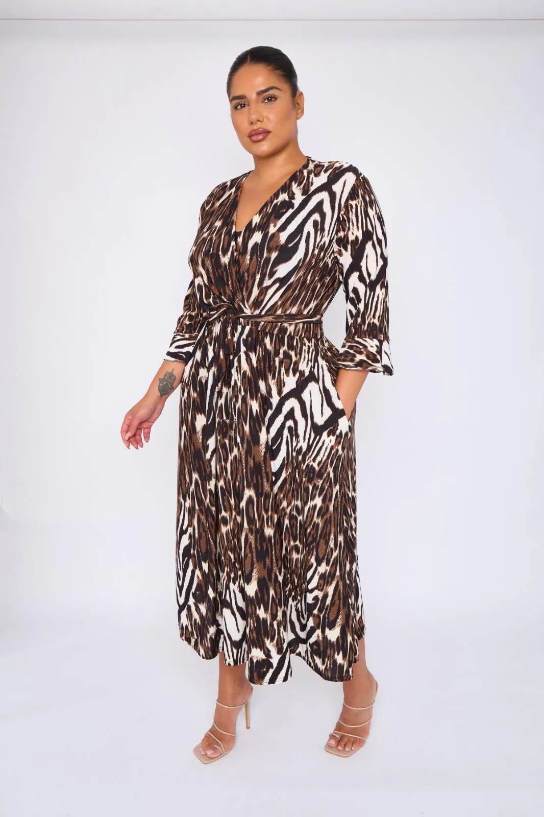 Dani Faux Wrap 3/4 Sleeve Dress in Brown Leopard