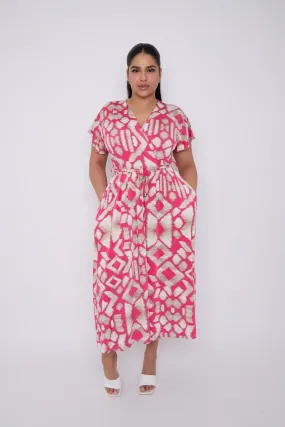 Dani Faux Wrap Dress in Pink Aztec Print