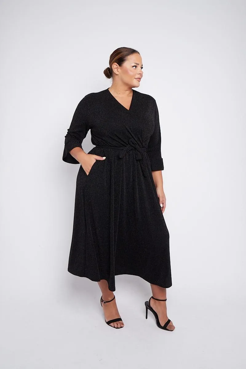 Dani Sparkle Faux Wrap Dress in Black