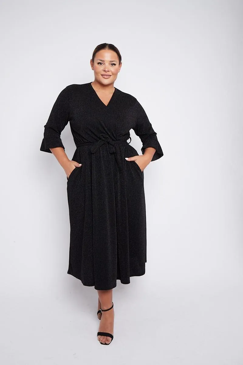 Dani Sparkle Faux Wrap Dress in Black