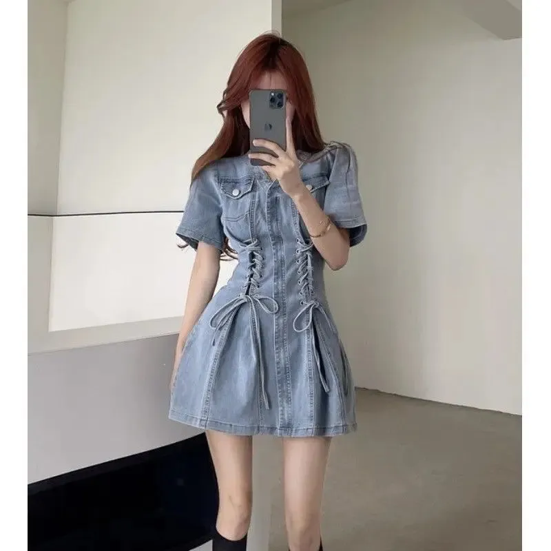 Denim Bandage Dress Women Korean Fashion Kpop Streetwear Mini Short Dresses Wrap