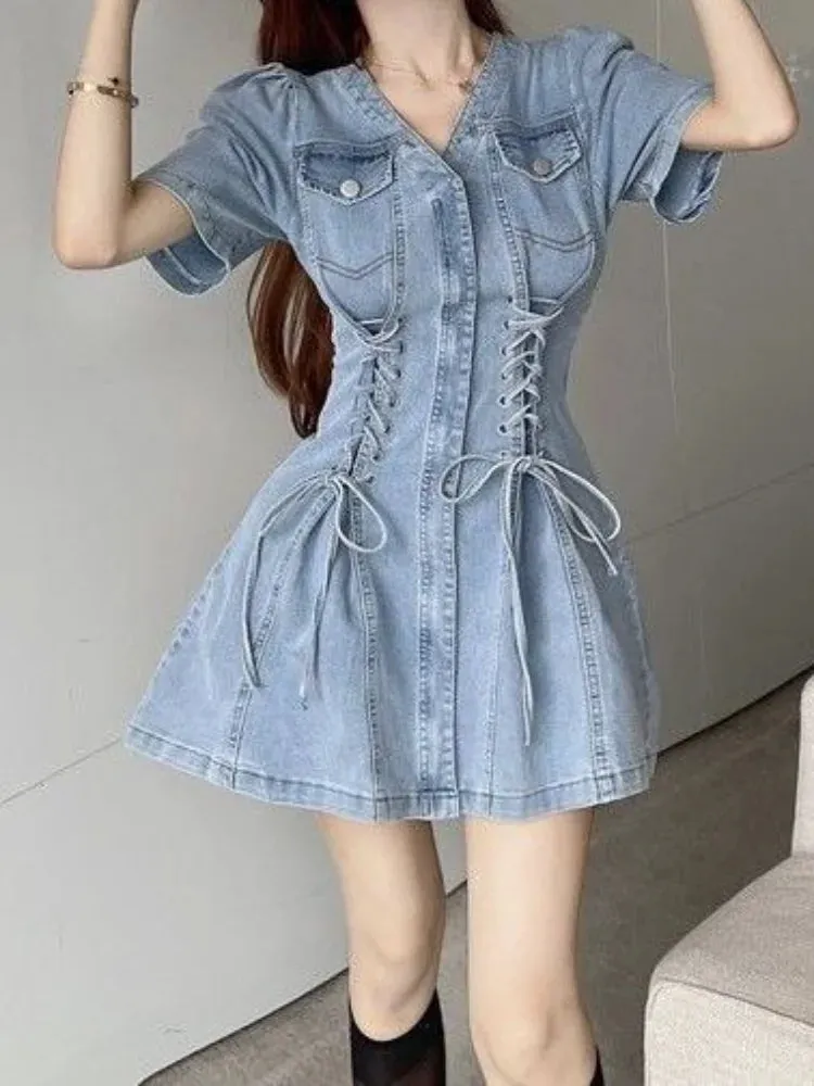 Denim Bandage Dress Women Korean Fashion Kpop Streetwear Mini Short Dresses Wrap