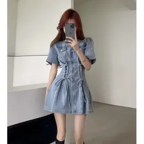 Denim Bandage Dress Women Korean Fashion Kpop Streetwear Mini Short Dresses Wrap