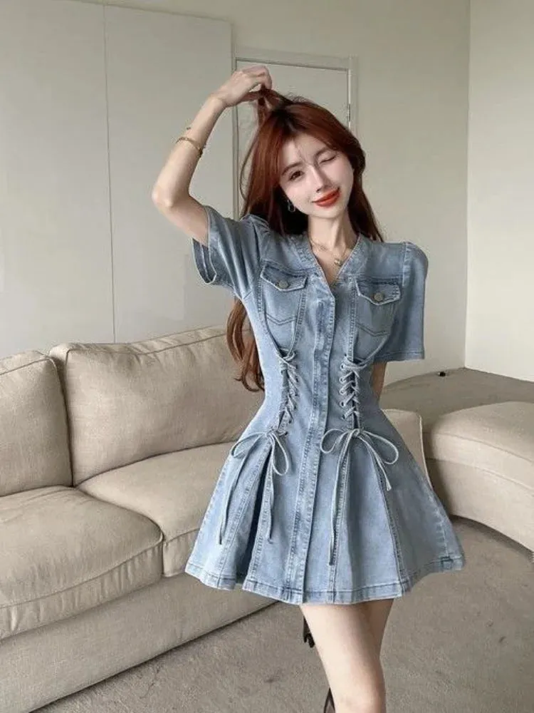 Denim Bandage Dress Women Korean Fashion Kpop Streetwear Mini Short Dresses Wrap