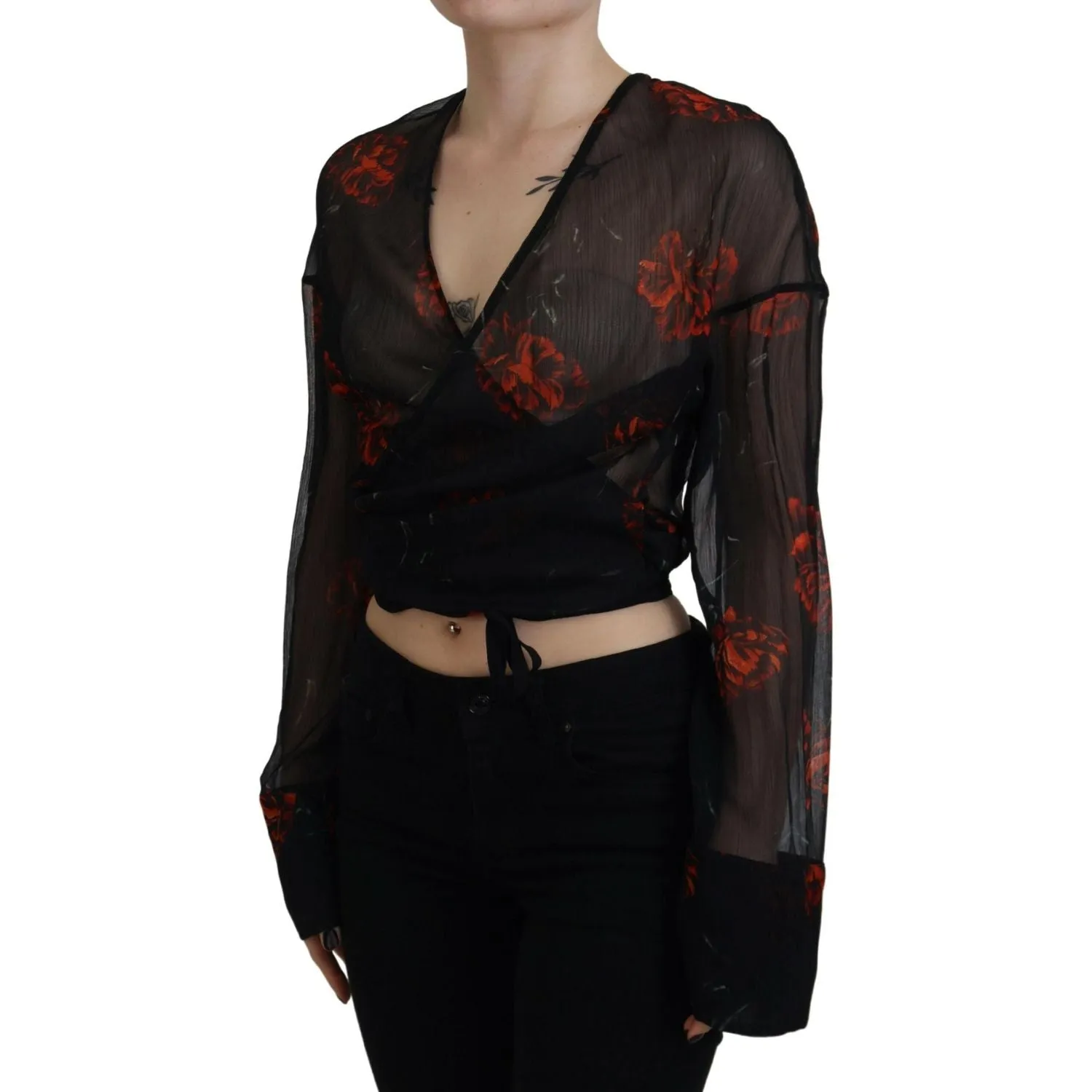 Dsquared² Black Floral Print Cropped Wrap Long Sleeves Top