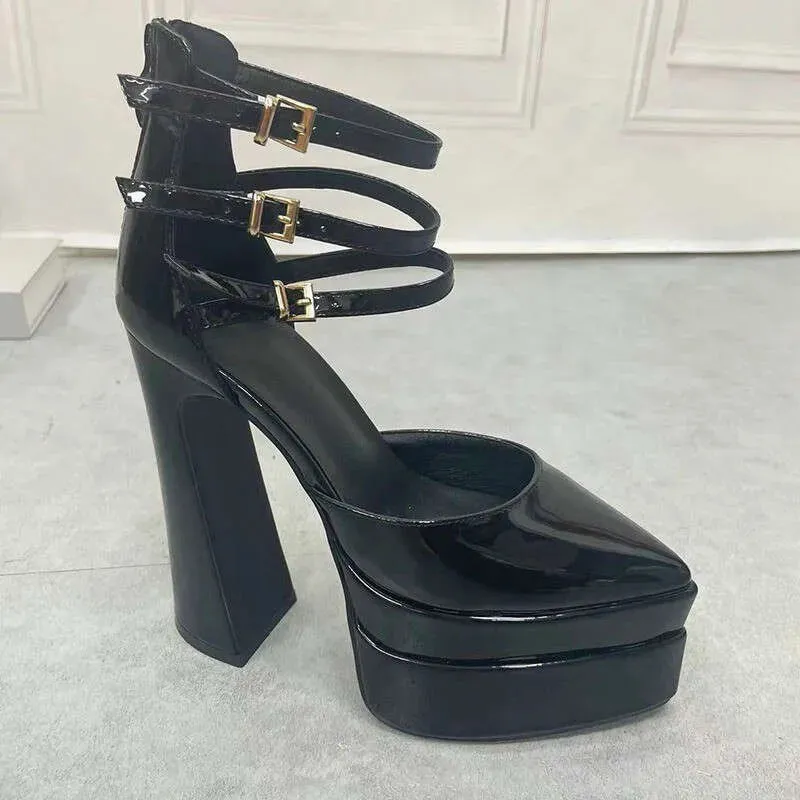 European Catwalk Buckle Chunky Heel Pointed Patent Leather Sandals Super High Heels Waterproof Platform Pumps Kq8