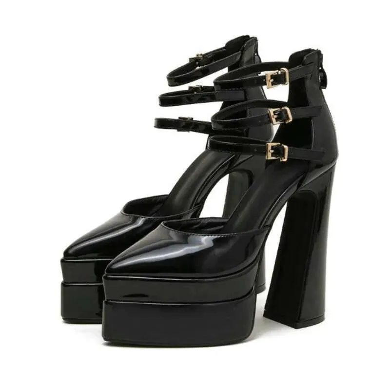 European Catwalk Buckle Chunky Heel Pointed Patent Leather Sandals Super High Heels Waterproof Platform Pumps Kq8