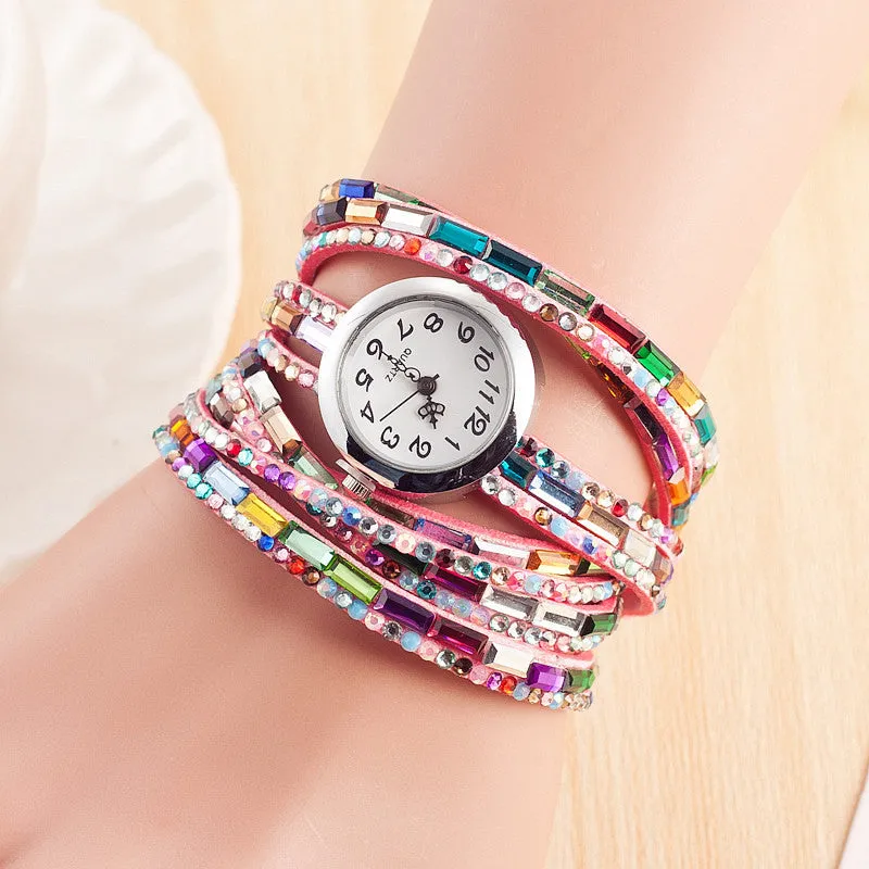 Fashion Dress Colors Leather Ladies Watch Women Casual Quartz Watch Shining Crystal Bracelet Watch Relogio Feminino Montre Femme