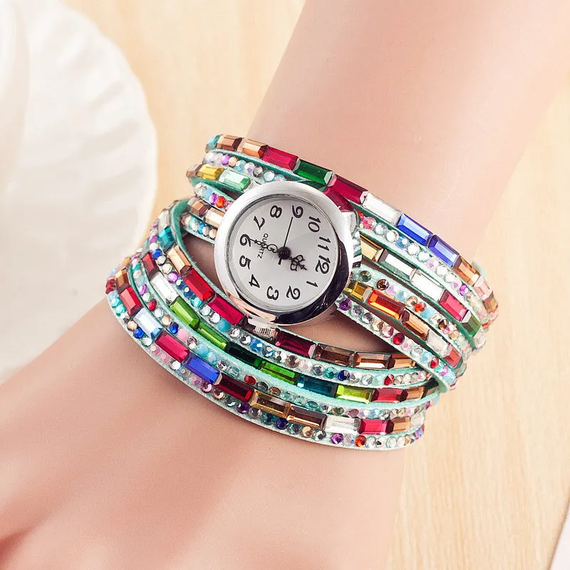 Fashion Dress Colors Leather Ladies Watch Women Casual Quartz Watch Shining Crystal Bracelet Watch Relogio Feminino Montre Femme