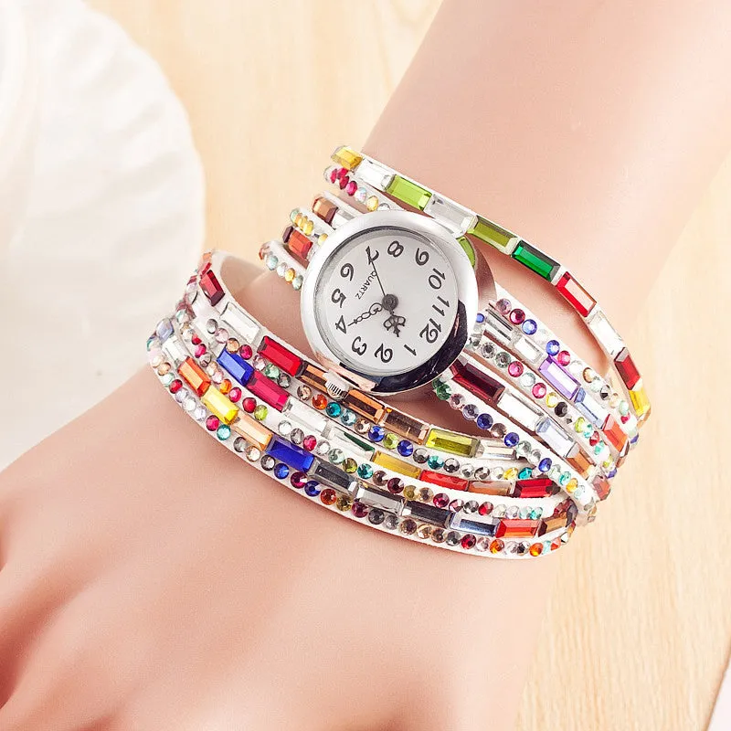 Fashion Dress Colors Leather Ladies Watch Women Casual Quartz Watch Shining Crystal Bracelet Watch Relogio Feminino Montre Femme