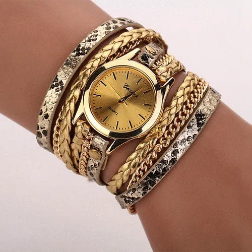 Fashion Hot Sell New Woven Leopard Geneva Bracelet Wristwatch Women Dress Watches Women Luxury Brand Quartz Watch