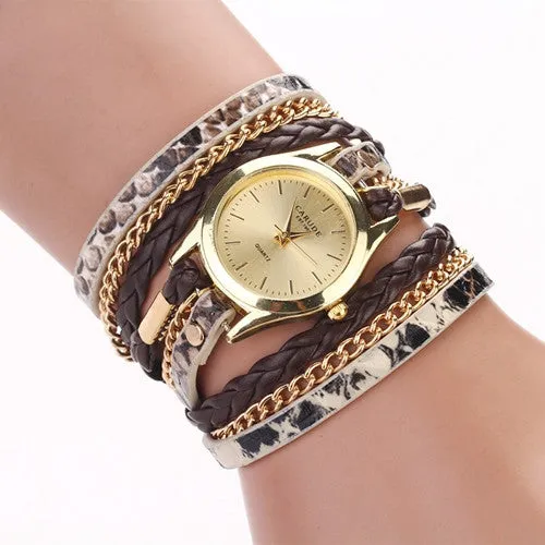 Fashion Hot Sell New Woven Leopard Geneva Bracelet Wristwatch Women Dress Watches Women Luxury Brand Quartz Watch